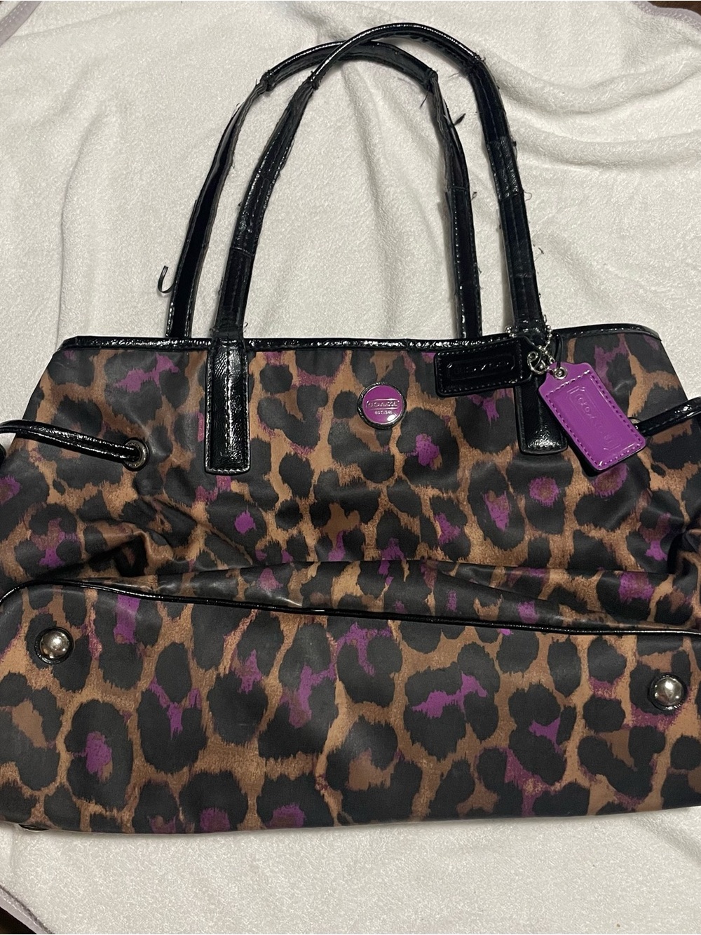 Coach Leopard-Print Brown Purple Black Tote Zip Closure Women Designer Bag